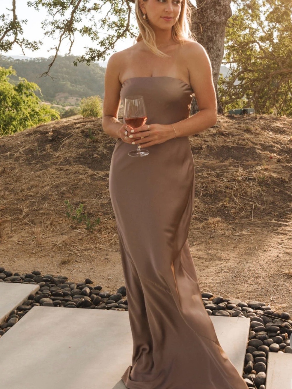 Show Me Your MuMu Strapless Satin Maxi Dress in Taupe